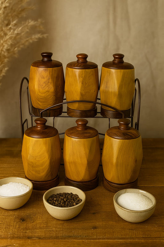 "Natural Wood Spice jars With Lids - 6 Piece Set with Metal Stand"