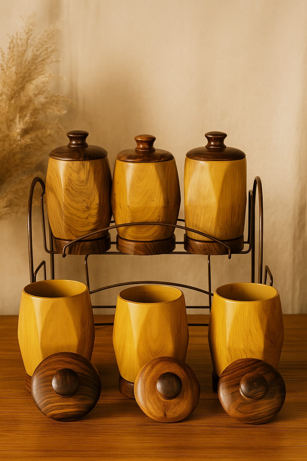 "Natural Wood Spice jars With Lids - 6 Piece Set with Metal Stand"