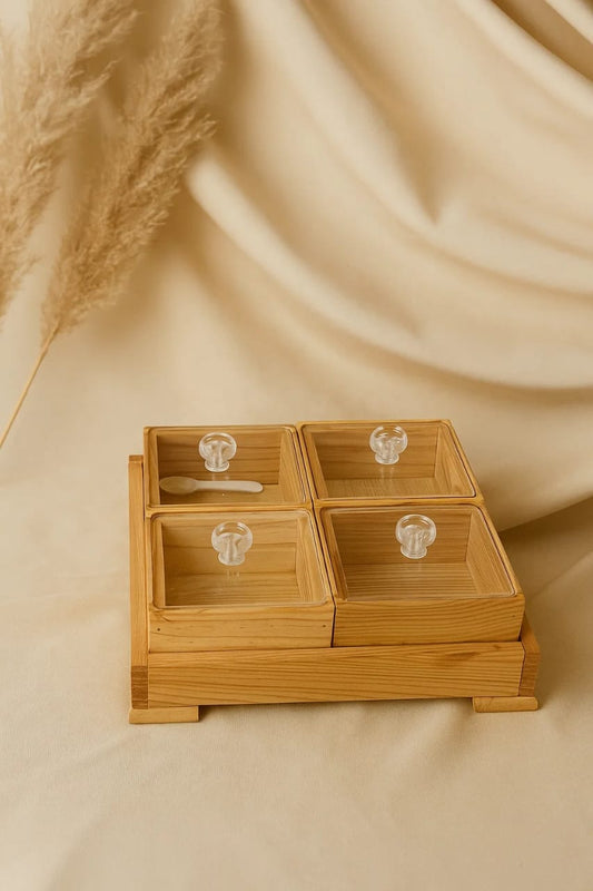 Rustic Wooden Spice Jar Set with Acrylic Lids – 4 Piece Storage Box with Tray & Spoon