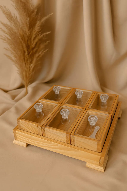 6 Piece Storage Box with Tray & Spoon - Rustic Wooden Spice Jar Set with Acrylic Lids