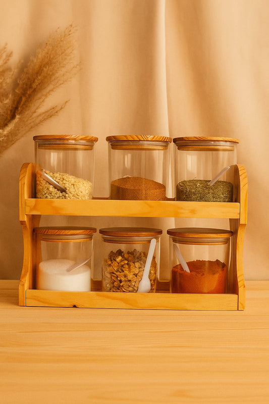 " Elegant Spice Rack Organizer - 6 Jar Wooden Holder"