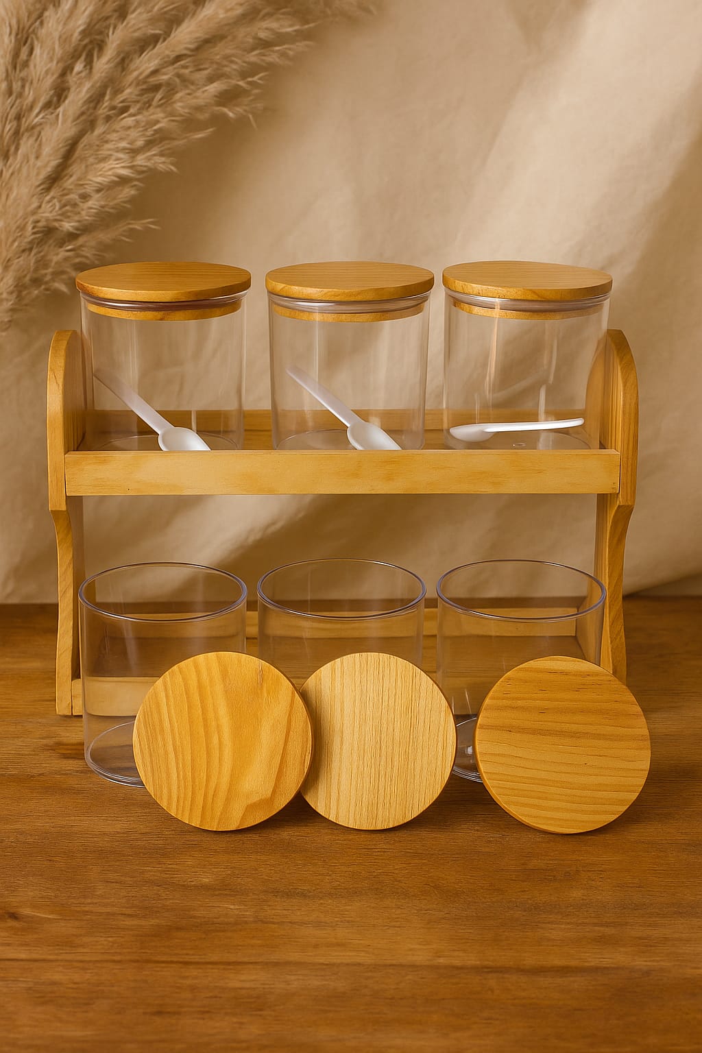 " Elegant Spice Rack Organizer - 6 Jar Wooden Holder"