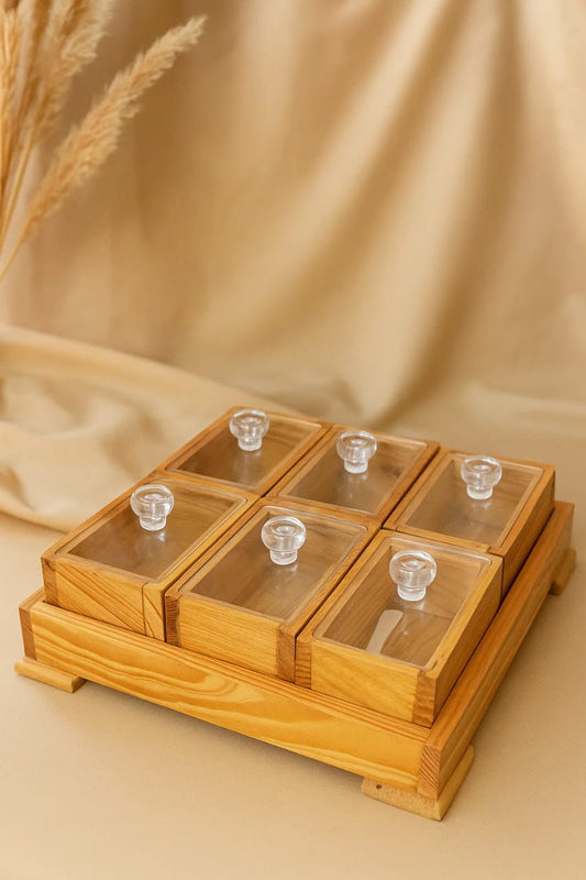 6 Piece Storage Box with Tray & Spoon - Rustic Wooden Spice Jar Set with Acrylic Lids
