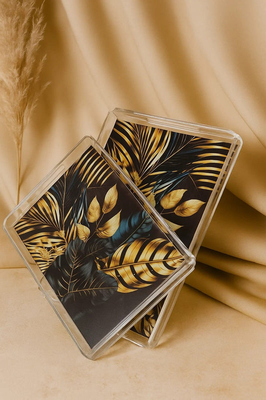 Luxury Acrylic Serving Tray Set with Golden Tropical Leaf Design