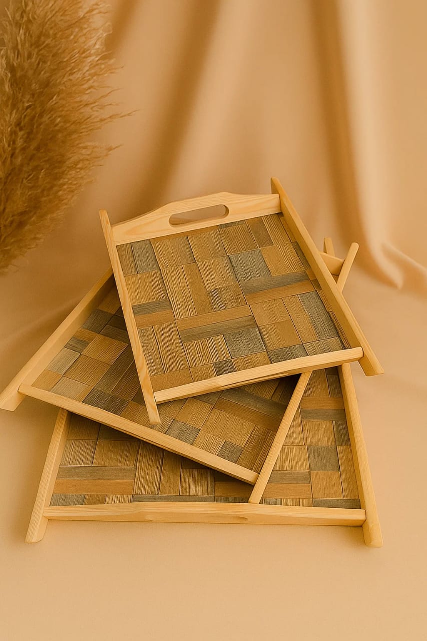 Natural Wooden Serving Tray Set with Handles – Minimalist Home & Kitchen Décor
